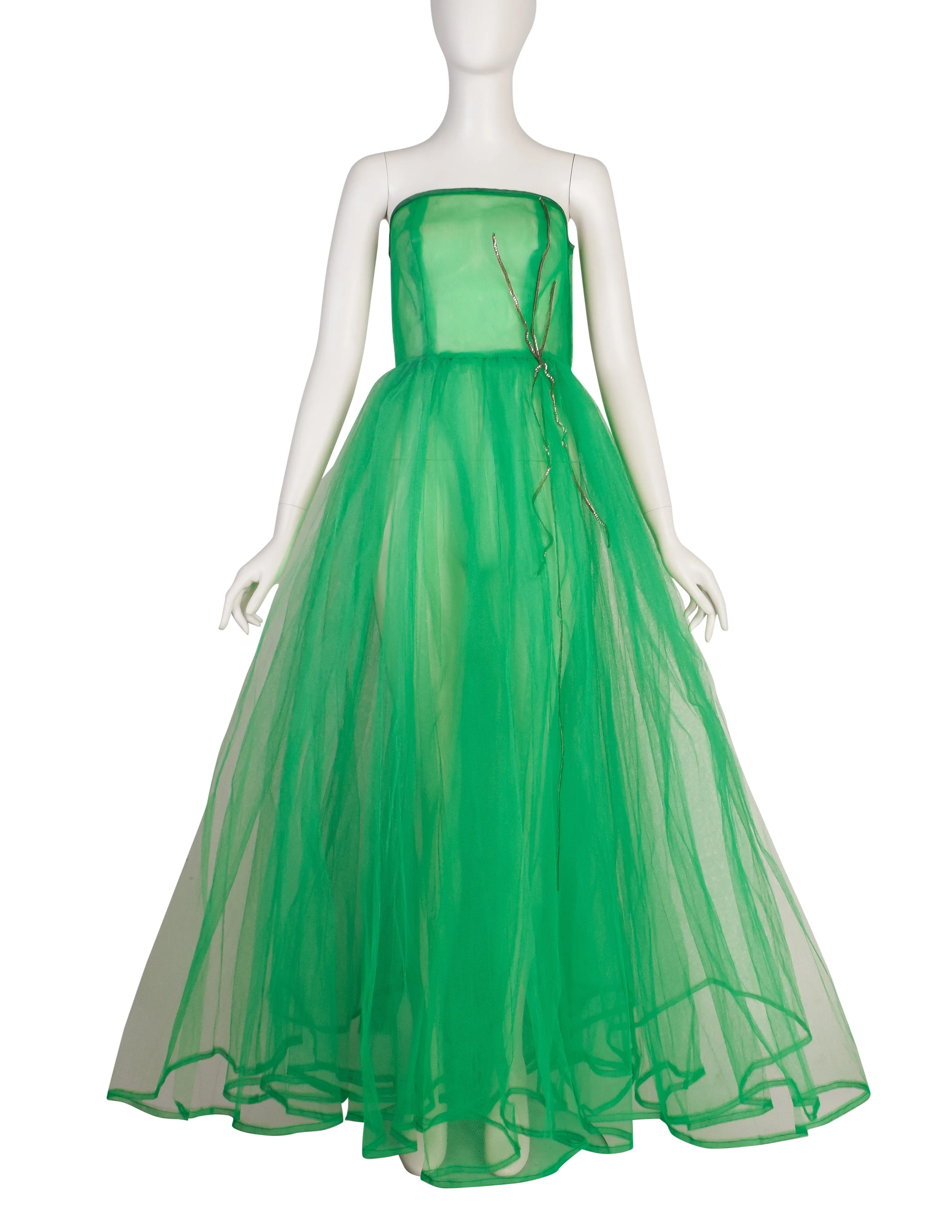 1950s Vintage Green Sheer Tulle Full Circle Skirt Princess Party Dress