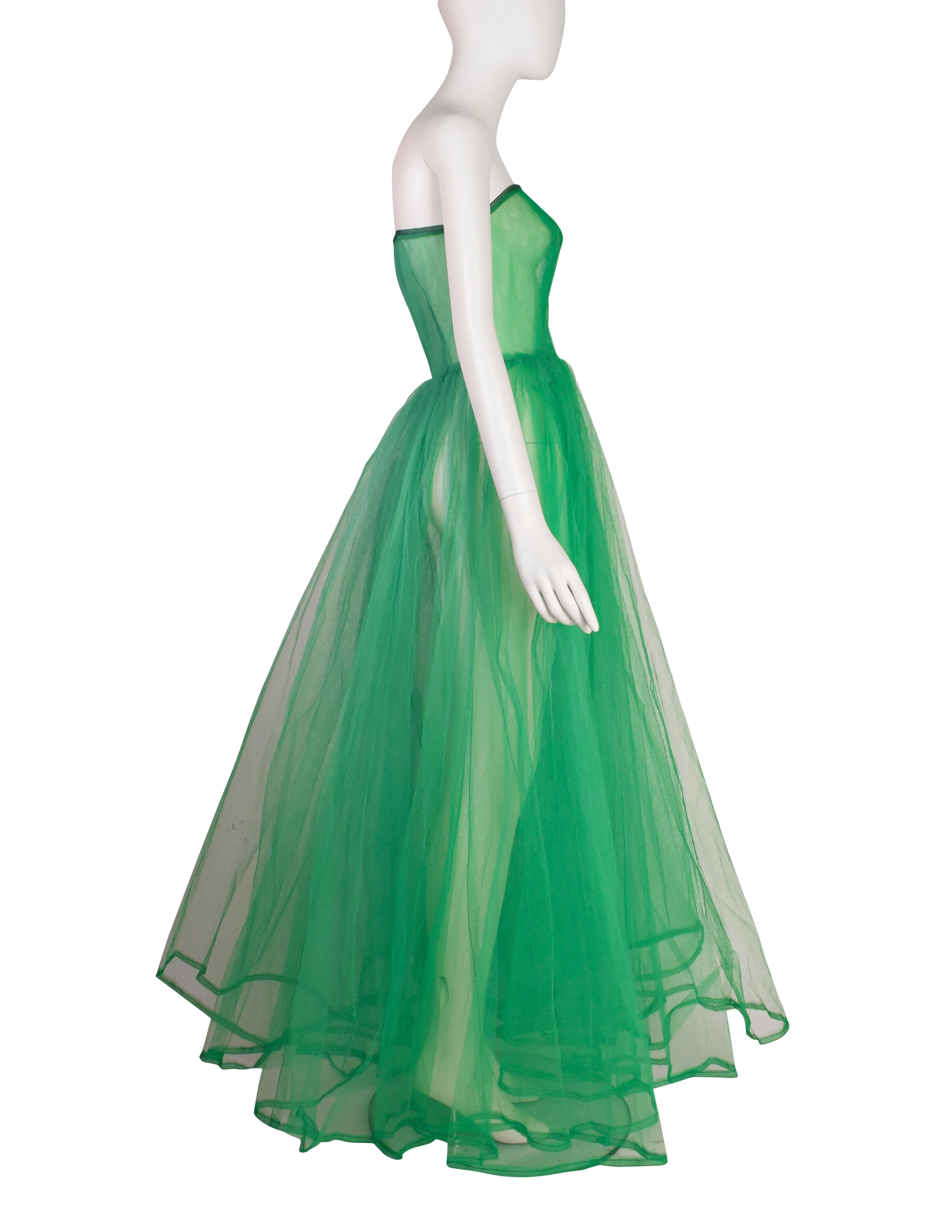 1950s Vintage Green Sheer Tulle Full Circle Skirt Princess Party Dress