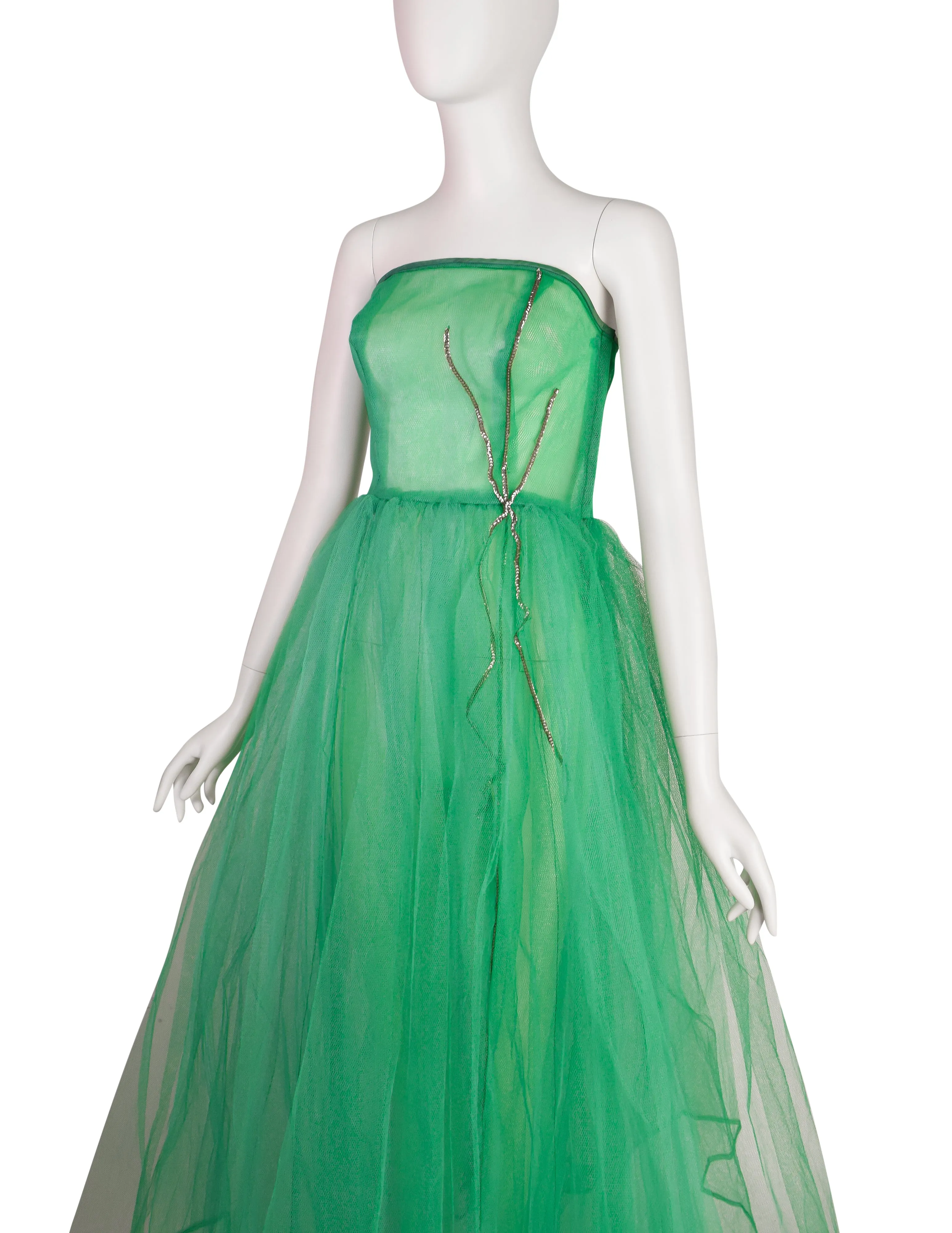 1950s Vintage Green Sheer Tulle Full Circle Skirt Princess Party Dress