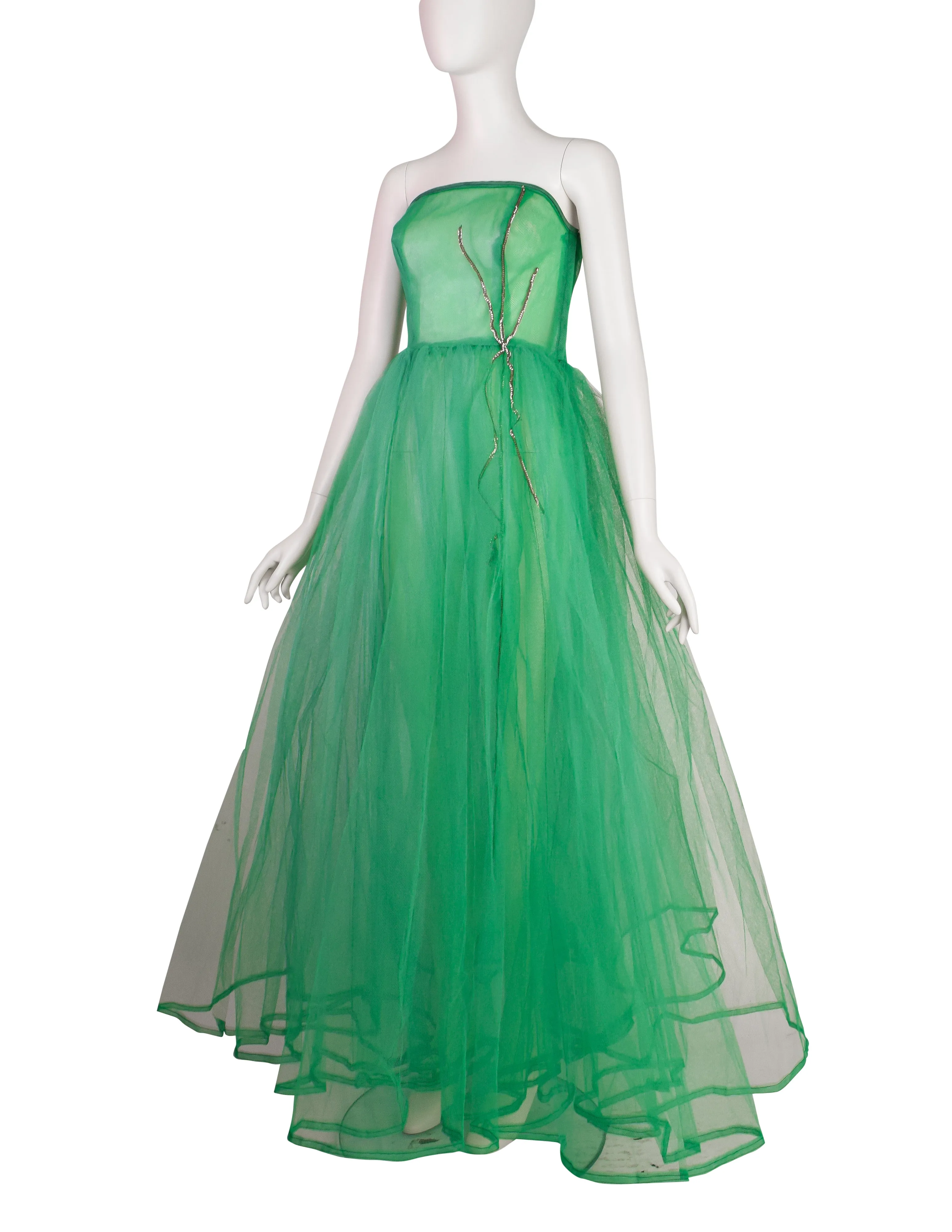 1950s Vintage Green Sheer Tulle Full Circle Skirt Princess Party Dress