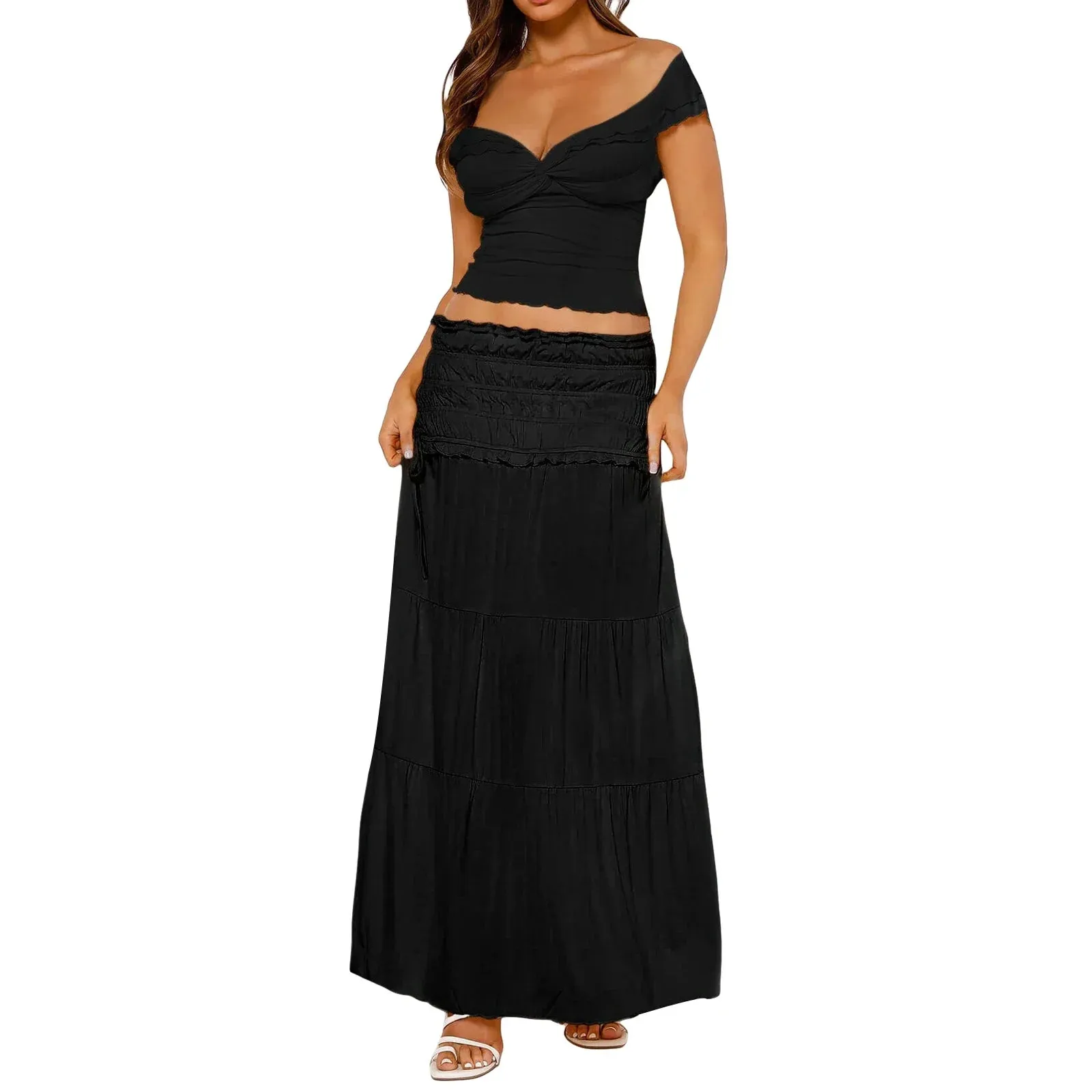 2 Piece Outfits Lettuce Trim Off-Shoulder Tops and Elastic Ruched Long Set for Streetwear Summer Skirt