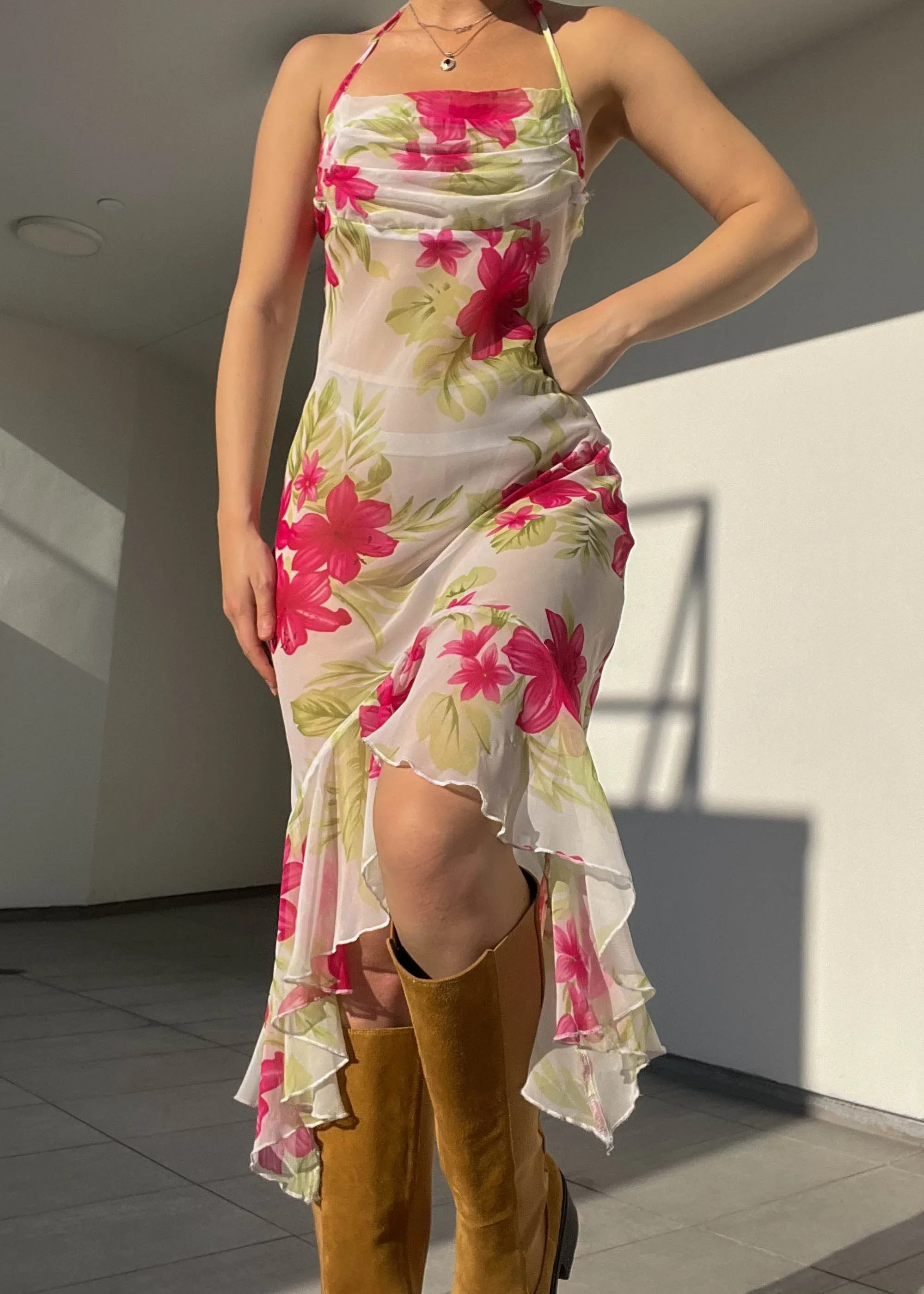 2000's Sheer Floral Mesh Midi Dress (S)