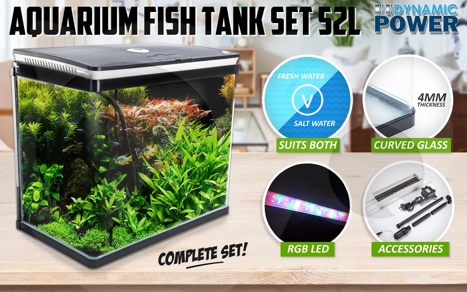 52L Curved Glass RGB LED Fish Tank Set, Filter, Pump - Dynamic Power