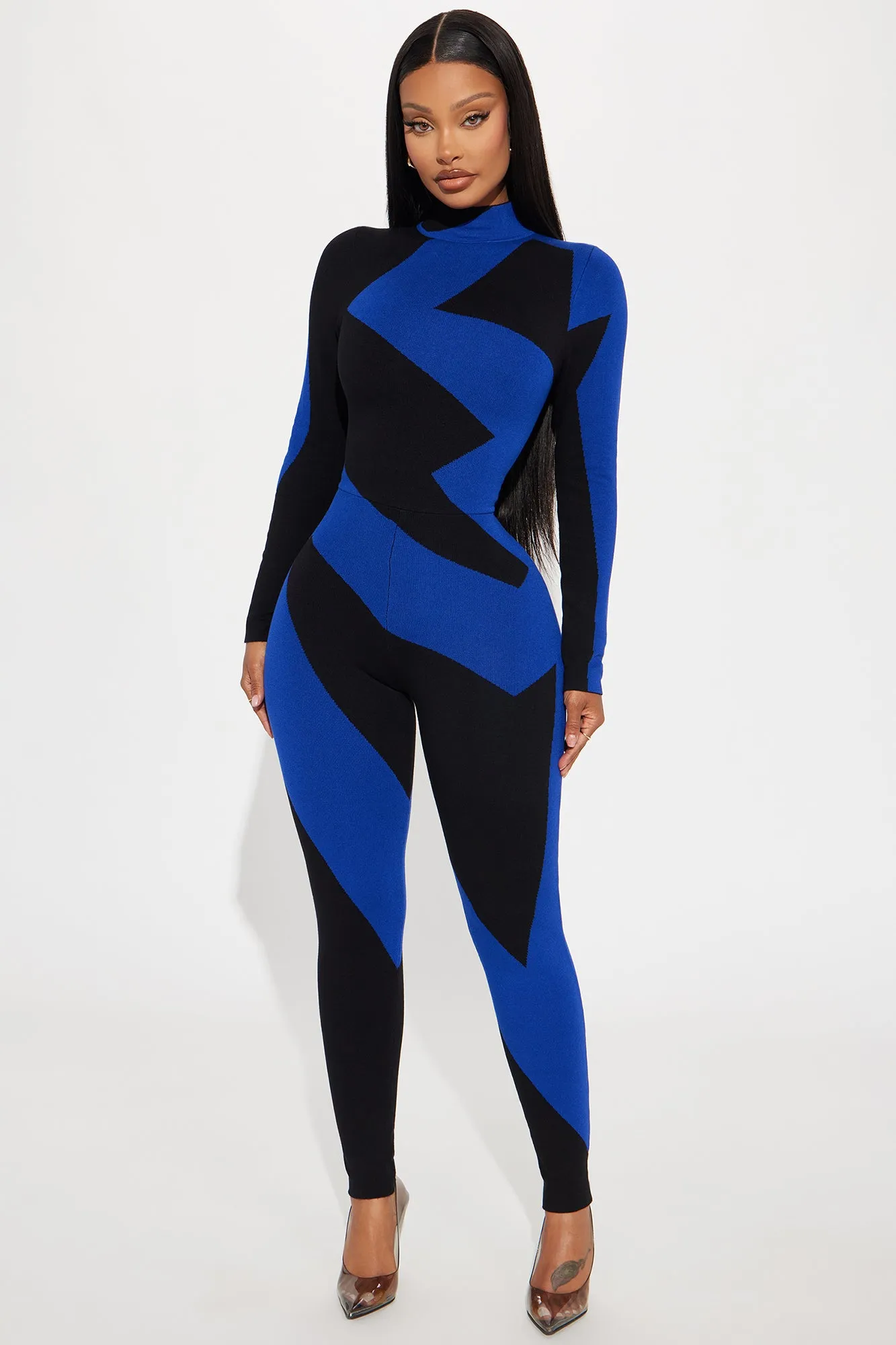 Abstract Long Sleeve Sweater Jumpsuit - Royal/combo