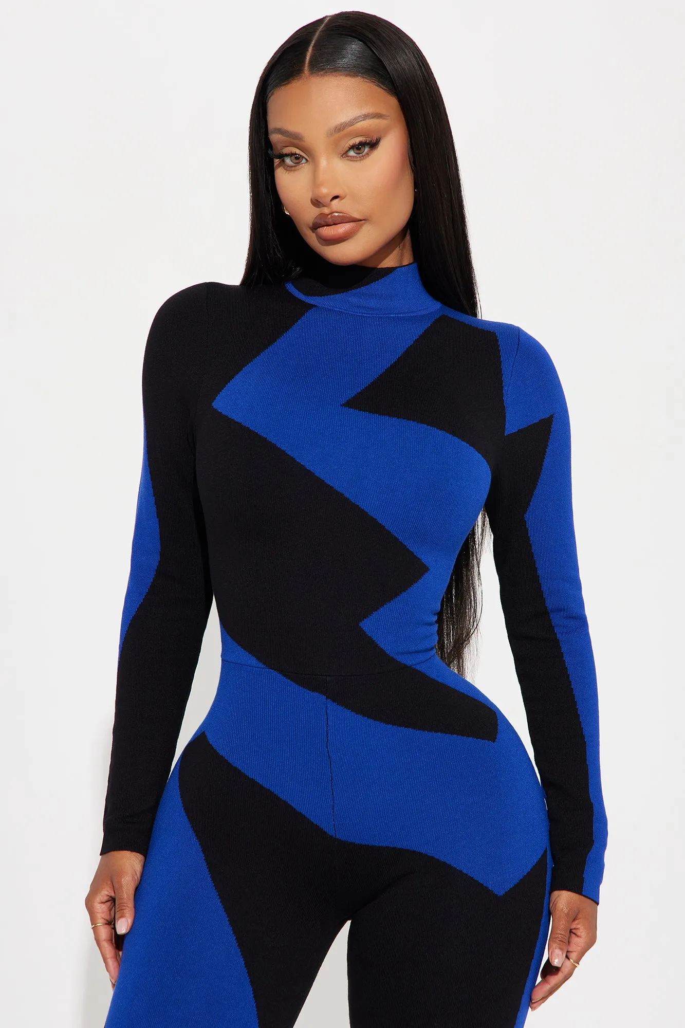 Abstract Long Sleeve Sweater Jumpsuit - Royal/combo