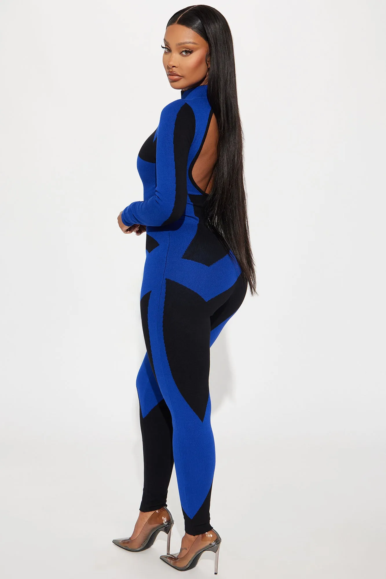 Abstract Long Sleeve Sweater Jumpsuit - Royal/combo