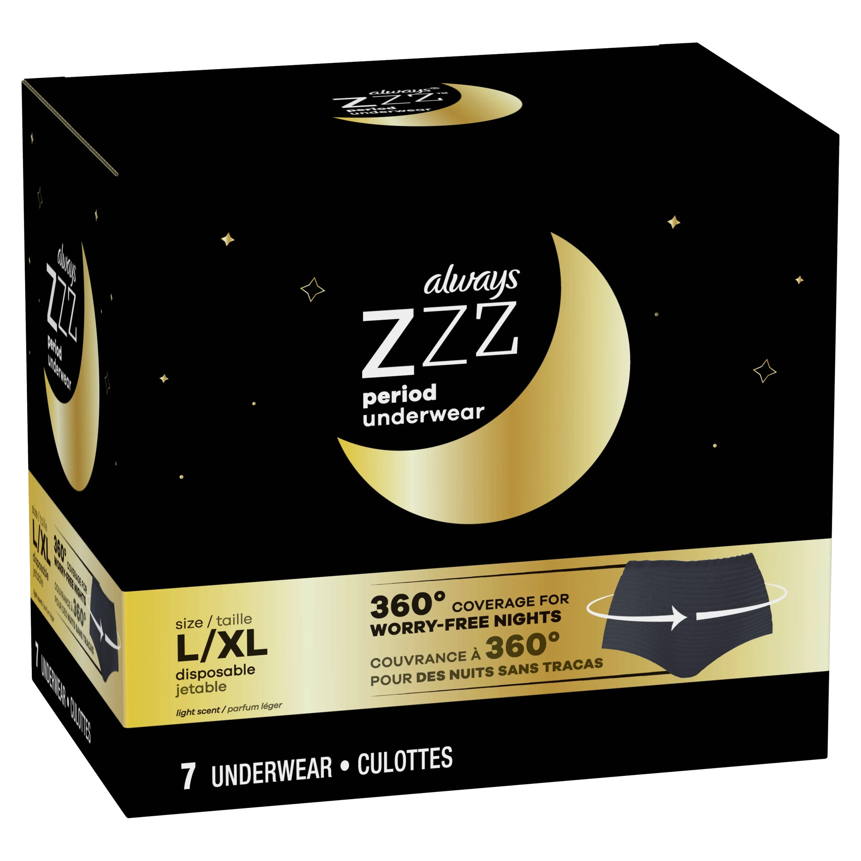 Always ZZZ Overnight Disposable Period Underwear for Women, Size L-XL, 7 Ct