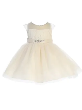 Baby Girls Champagne Illusion Neck Beaded Lace Belted Flower Girl Dress 6-24M