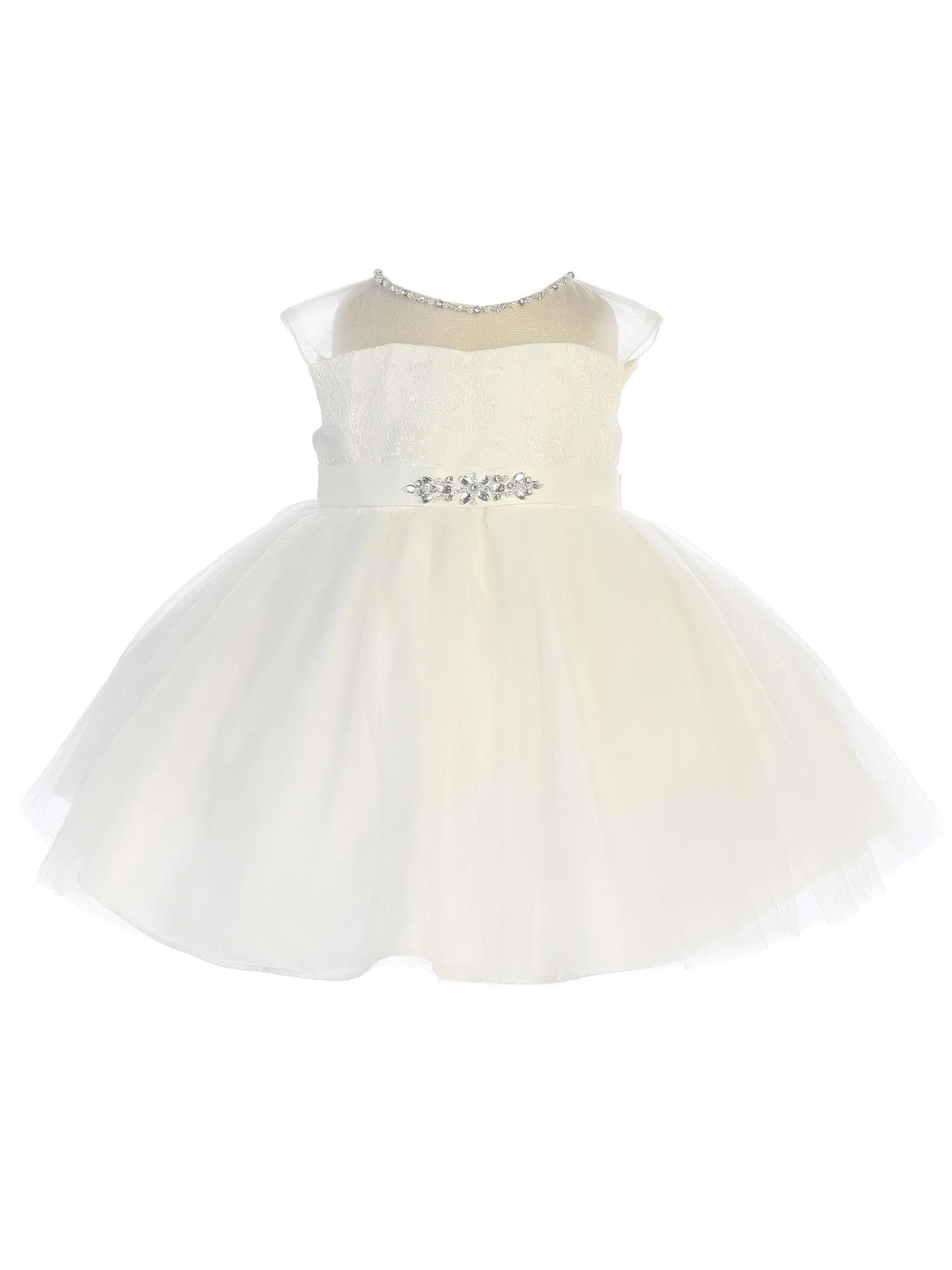 Baby Girls Ivory Illusion Neck Beaded Lace Belted Flower Girl Dress 6-24M