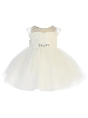 Baby Girls Ivory Illusion Neck Beaded Lace Belted Flower Girl Dress 6-24M