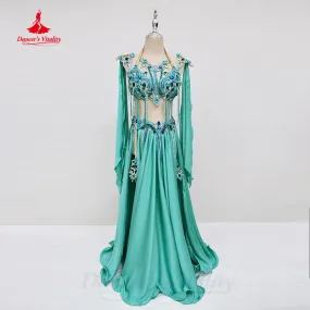 Belly Dance Clothing Women's Customization Luxury Rhinestone Bra senior Satin Split Long Skirt 2pcs Oriental Performance Set