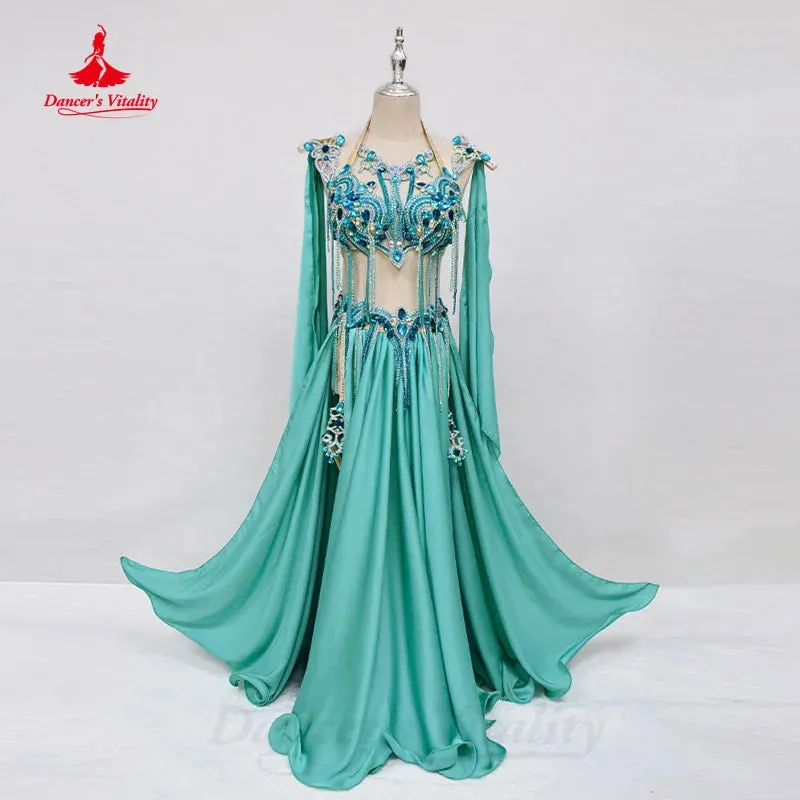 Belly Dance Clothing Women's Customization Luxury Rhinestone Bra senior Satin Split Long Skirt 2pcs Oriental Performance Set