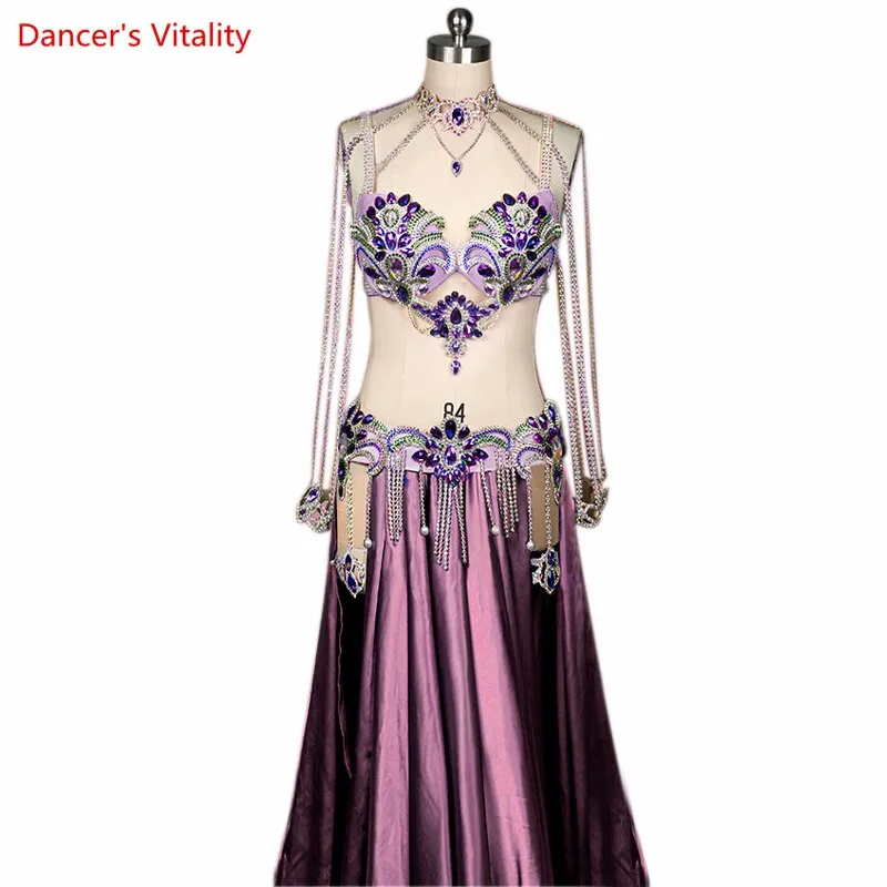 Belly Dance Competition Costume Suit for Women Cusomized Bra satin Split Long Skirt 2pcs Female Oriental Bellydance Outfit