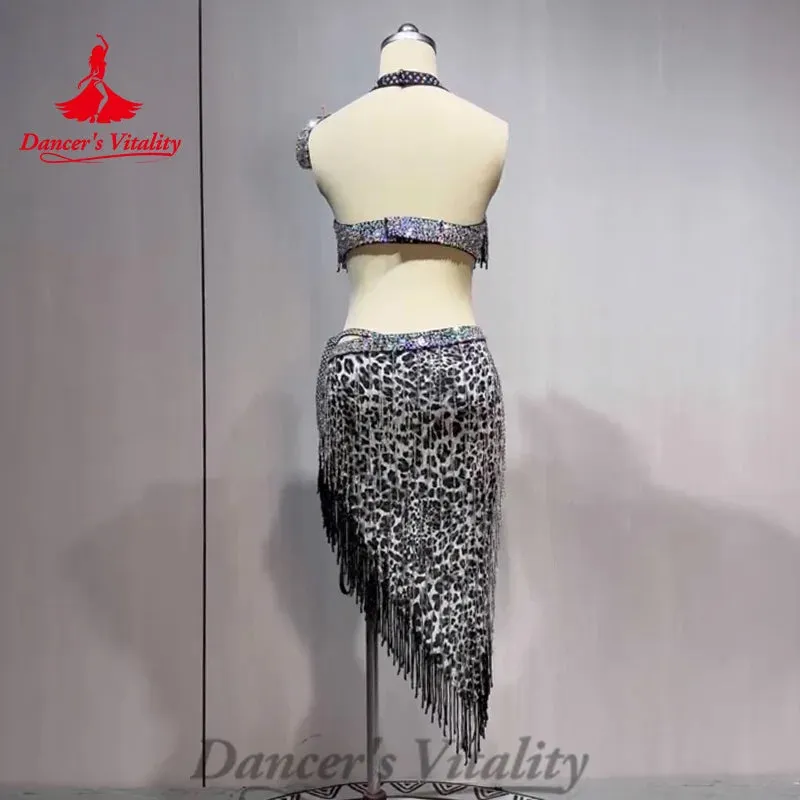 Belly Dance Costume Customized Rhinestone Tassels Bra leopard Print Skirt 2ps Adult Children Oriental Dance Performance Costumes