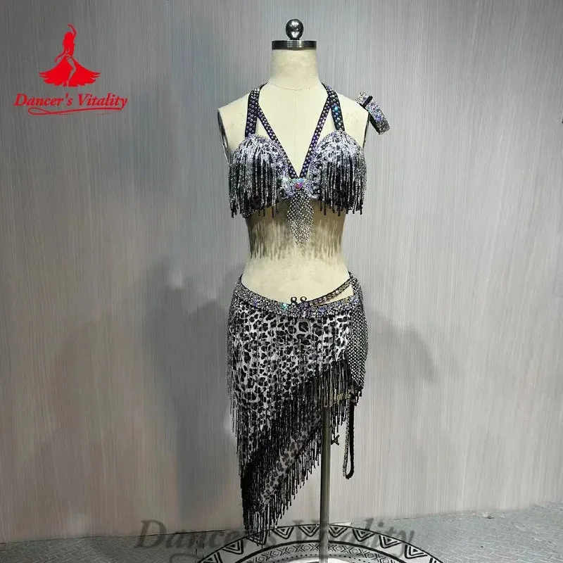 Belly Dance Costume Customized Rhinestone Tassels Bra leopard Print Skirt 2ps Adult Children Oriental Dance Performance Costumes