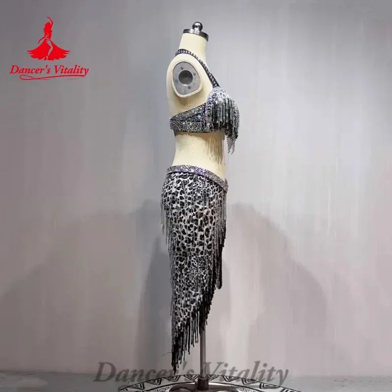 Belly Dance Costume Customized Rhinestone Tassels Bra leopard Print Skirt 2ps Adult Children Oriental Dance Performance Costumes