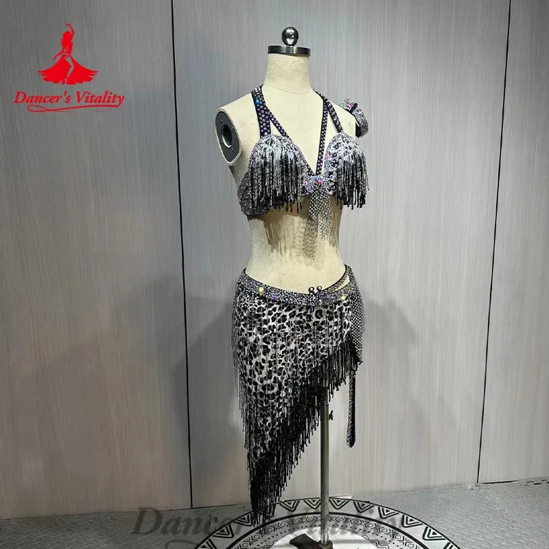 Belly Dance Costume Customized Rhinestone Tassels Bra leopard Print Skirt 2ps Adult Children Oriental Dance Performance Costumes