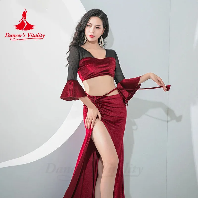 Belly Dance Costume Practice Suit Eastern Group Clothing Mesh Half Sleeves Top velvet Long Skirt 2pcs Women Bellydance Outfit