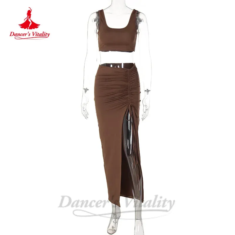 Belly Dance Costume Set for Women Cotton Sleeveless Top split Long Skirt 2pcs Sexy Oriental Belly Dancing Practice Clothes Suit