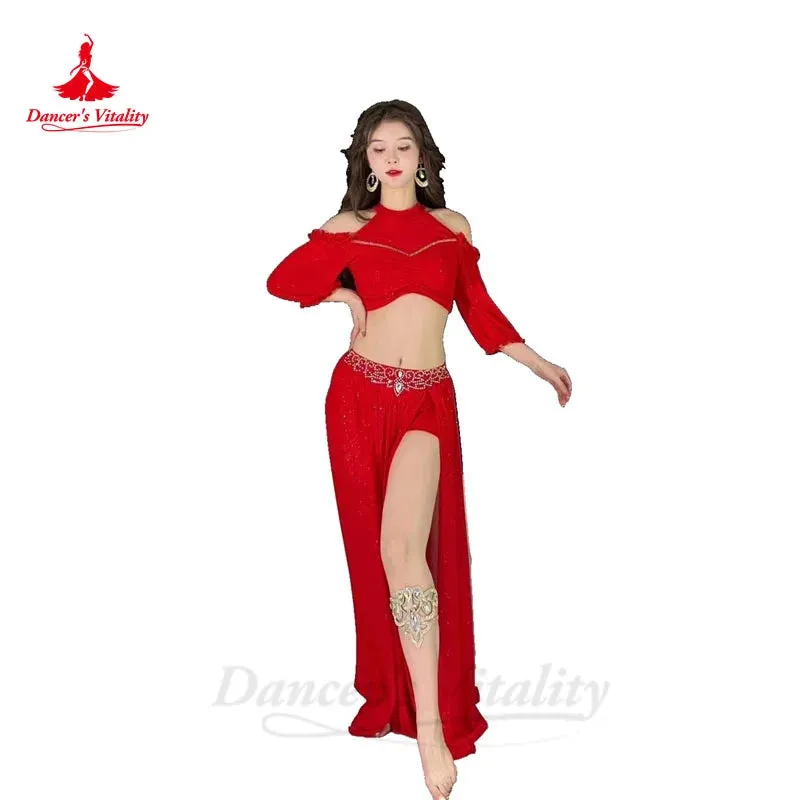 Belly Dance Costume Set for Women Gauze Half Sleeves Top senior AB Stones Split Skirt 2pcs Adult Oriental Bellydance Outfit