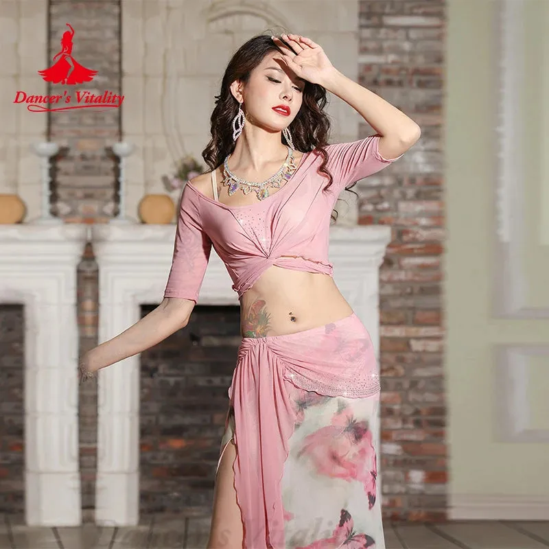 Belly Dance Costume Set for Women Mesh Half Sleeves Top Printed Split Skirt Oriental Dancing Performance Clothing Outfit