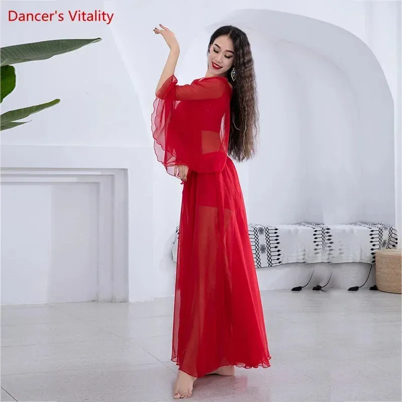 Belly Dance Costume Set Loudspeaker Sleeves sexy Split Chiffon Skirt 2pcs Customzied Adult Child Oriental Dance Wear 6XL