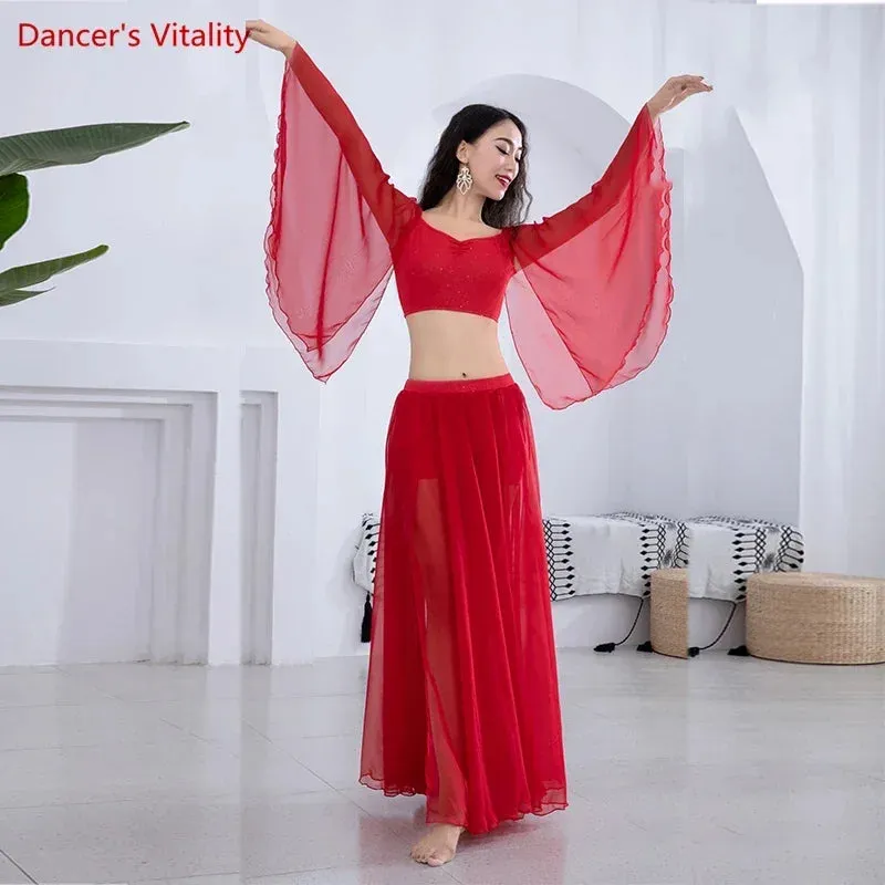 Belly Dance Costume Set Loudspeaker Sleeves sexy Split Chiffon Skirt 2pcs Customzied Adult Child Oriental Dance Wear 6XL