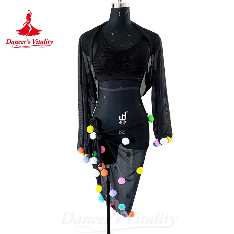 Belly Dance Costume Suit Customized Cotton Yarn Shawl vest Small Colored Ball Hip Scarf  3ps Oriental Dance Performance Costumes