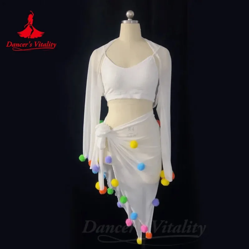 Belly Dance Costume Suit Customized Cotton Yarn Shawl vest Small Colored Ball Hip Scarf  3ps Oriental Dance Performance Costumes