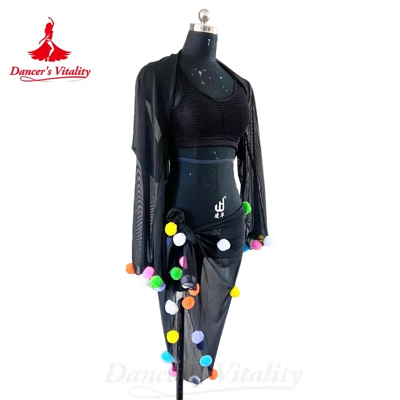 Belly Dance Costume Suit Customized Cotton Yarn Shawl vest Small Colored Ball Hip Scarf  3ps Oriental Dance Performance Costumes