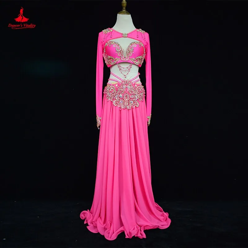 Belly Dance Costume Suit Senior Customized Dancing Competition Wear Bra sleeves split Skirt 3pcs for Women Oriental Wear Outfit