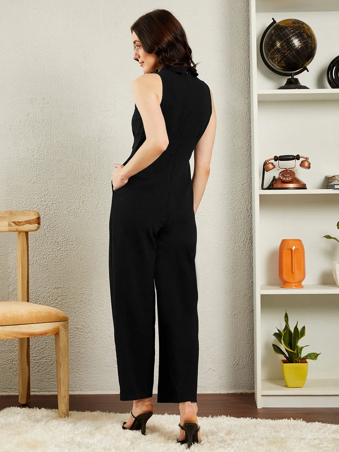 Berrylush BIZwear Women Solid Black V-Neck Sleeveless Straight Hem Wide Leg Ankle Length Jumpsuit