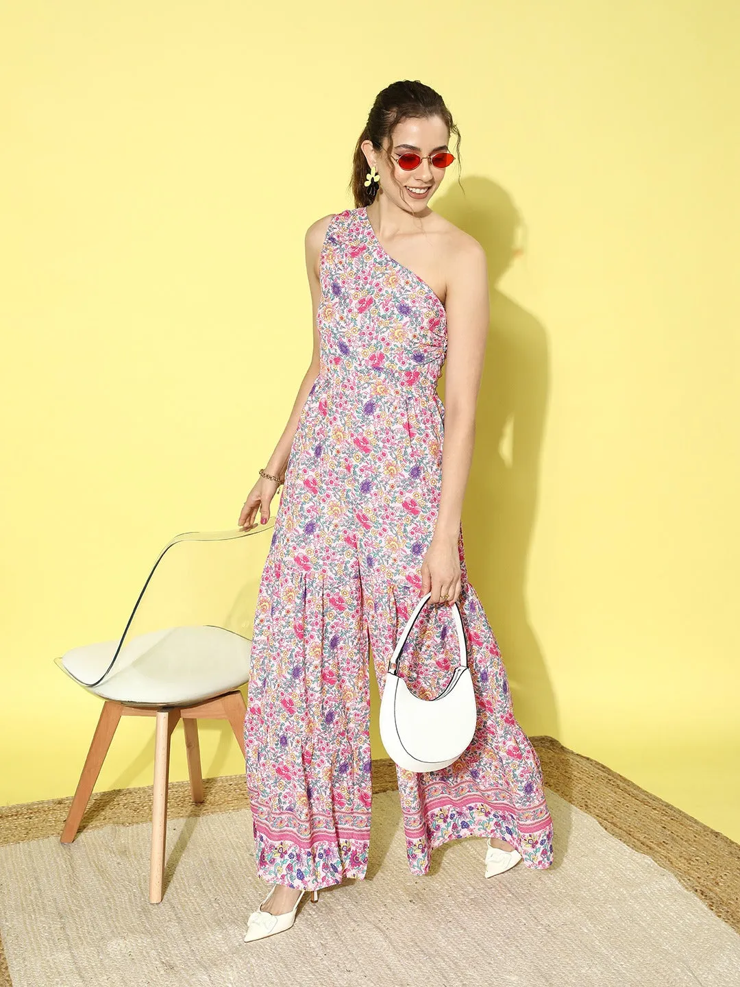 Berrylush Women Pink & Purple Floral Printed One-Shoulder Neck Sleeveless Wide-Leg Pleated Regular Jumpsuit