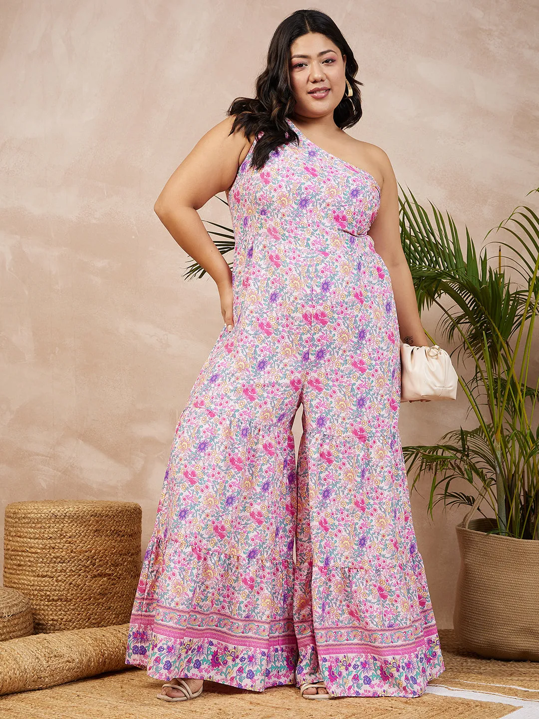 Berrylush Women Plus Size Pink & Purple Floral Printed One-Shoulder Neck Sleeveless Wide-Leg Maxi Jumpsuit