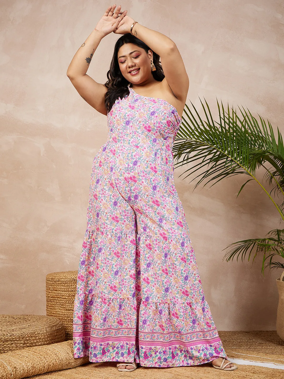 Berrylush Women Plus Size Pink & Purple Floral Printed One-Shoulder Neck Sleeveless Wide-Leg Maxi Jumpsuit