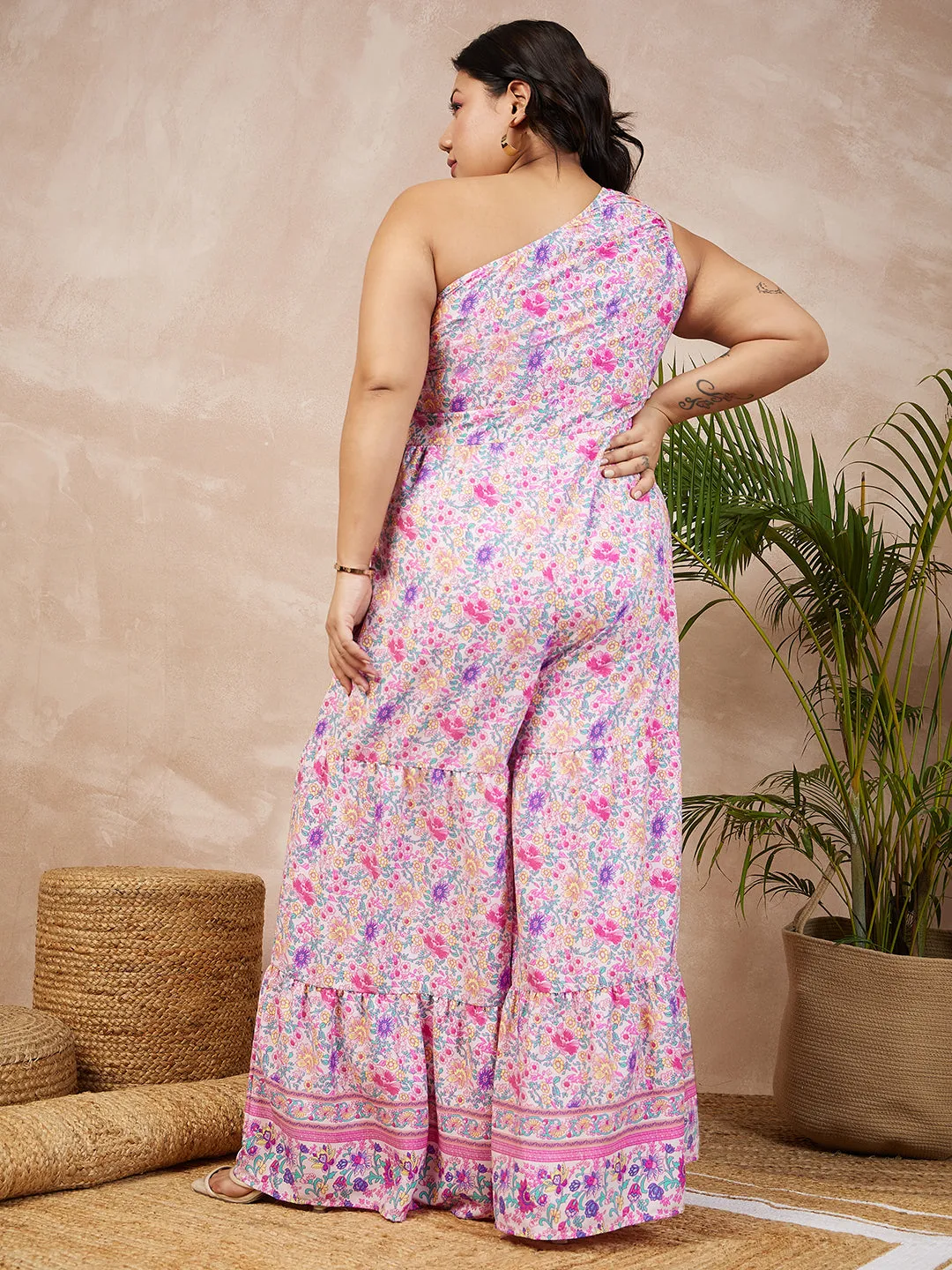 Berrylush Women Plus Size Pink & Purple Floral Printed One-Shoulder Neck Sleeveless Wide-Leg Maxi Jumpsuit