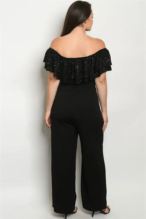 Black Cold Shoulder Lace Bodice Plus Size Jumpsuit