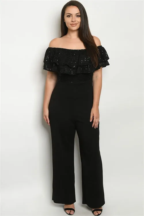 Black Cold Shoulder Lace Bodice Plus Size Jumpsuit