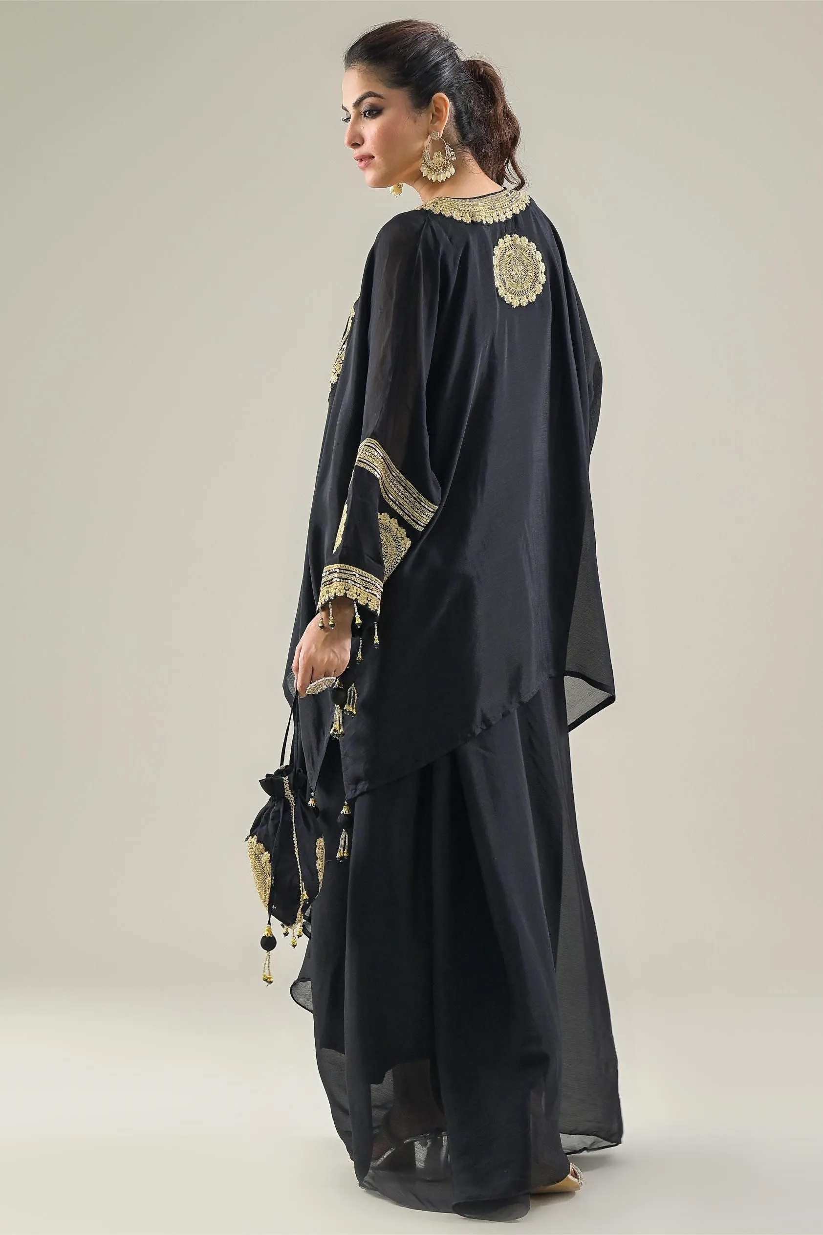 Black Embroidered Chinon Silk Kaftan-Skirt Set