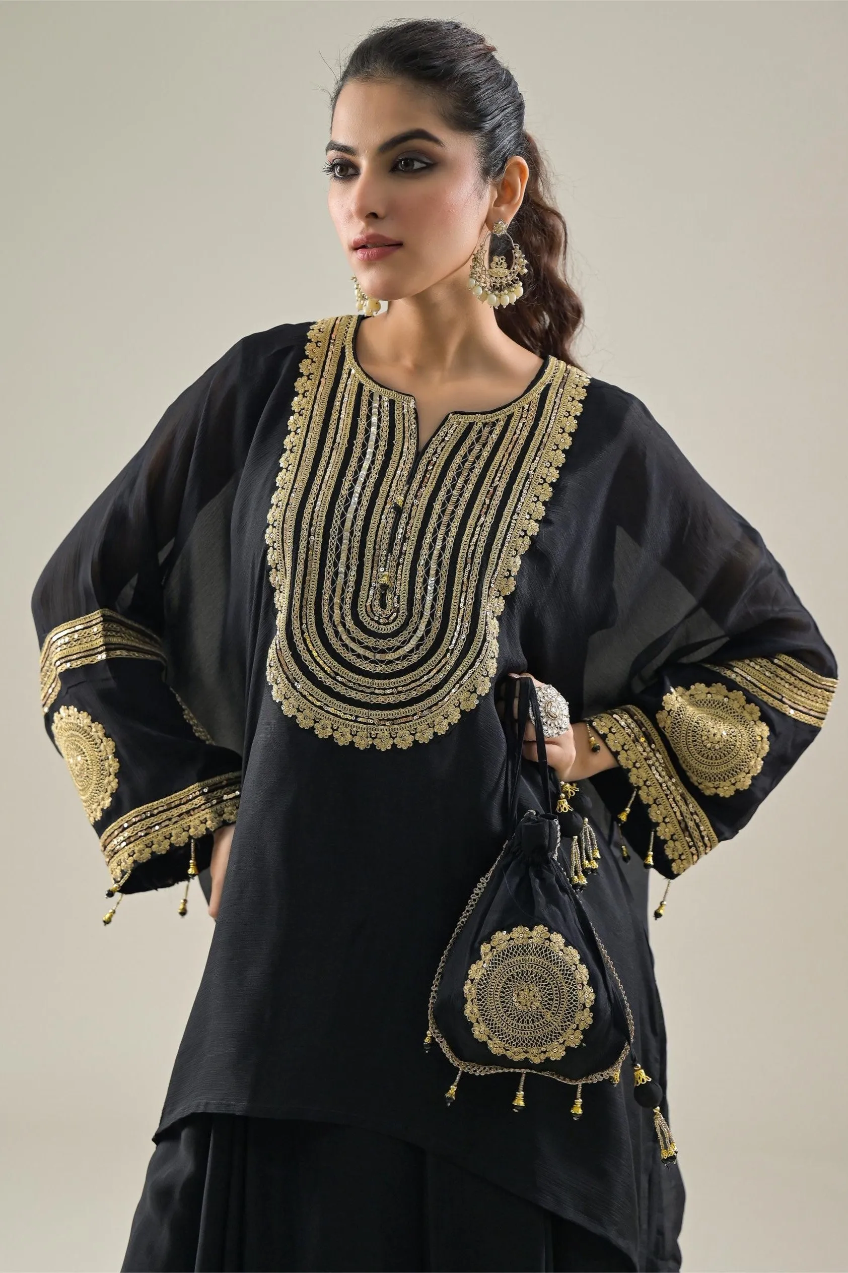 Black Embroidered Chinon Silk Kaftan-Skirt Set