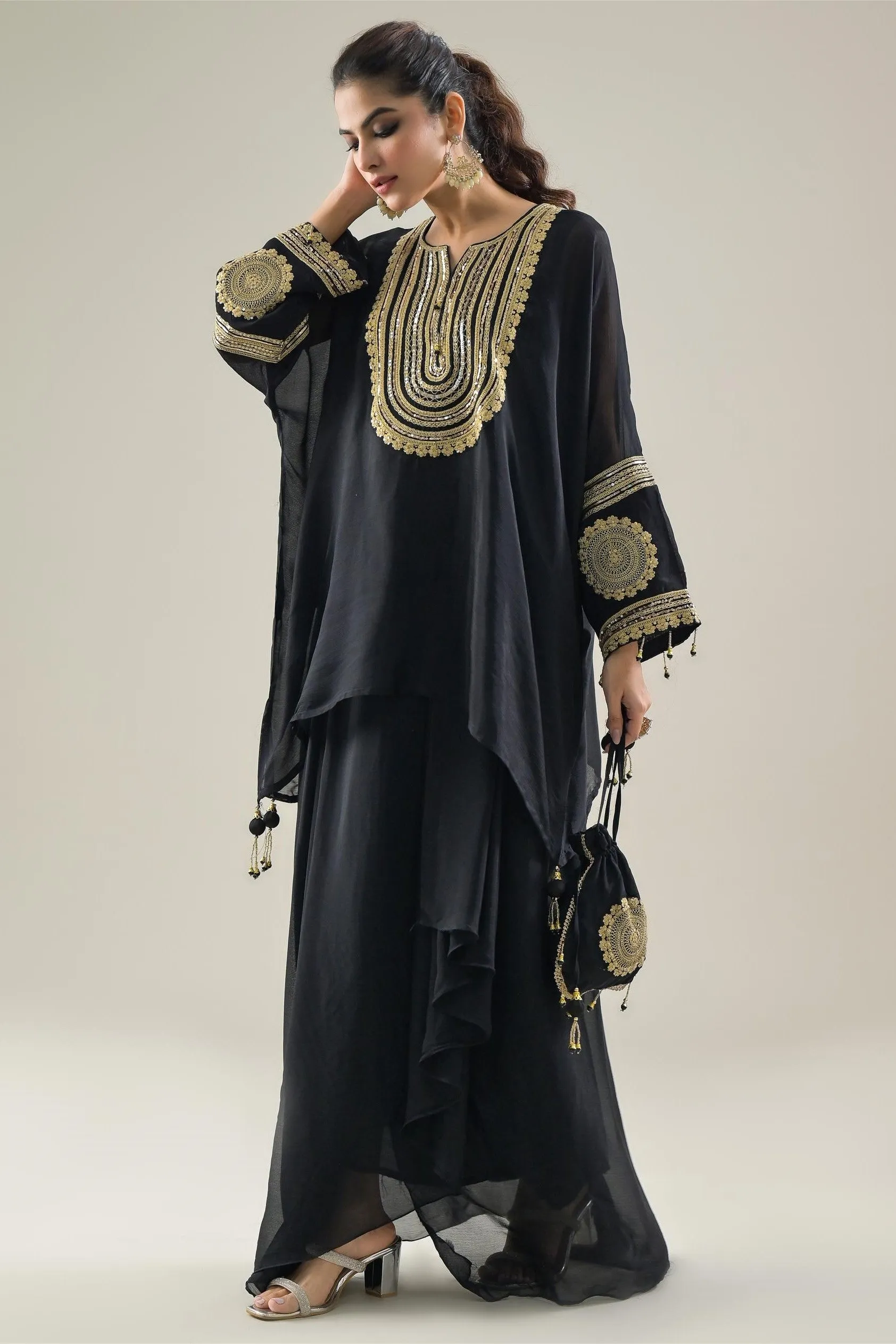 Black Embroidered Chinon Silk Kaftan-Skirt Set