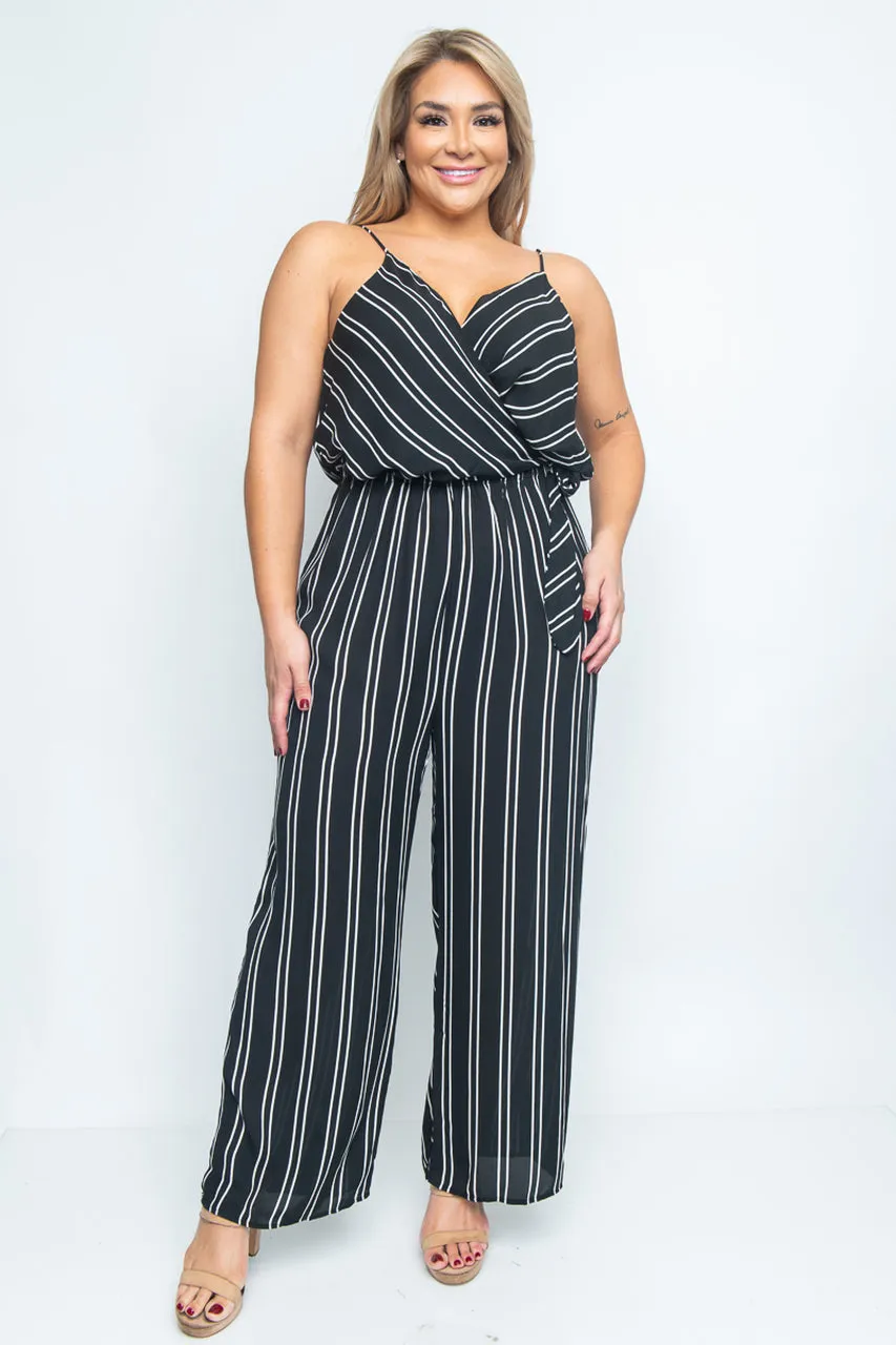 Black Stripe Wrap Inspired Plus Size Jumpsuit