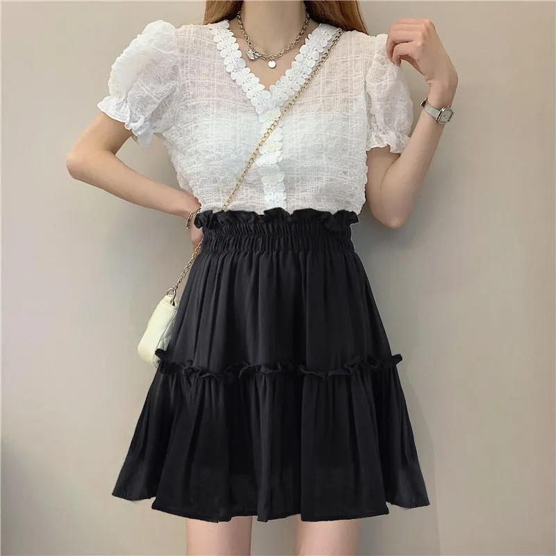 Black/white skirt, new style, fashion, pleated, A-line high waisted skirt, puffy skirt  3612