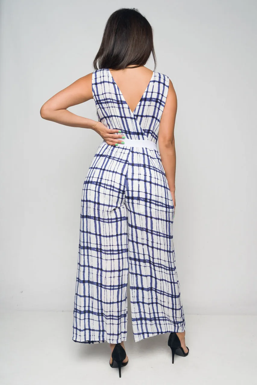 Blue and White Wide Leg Jumpsuit