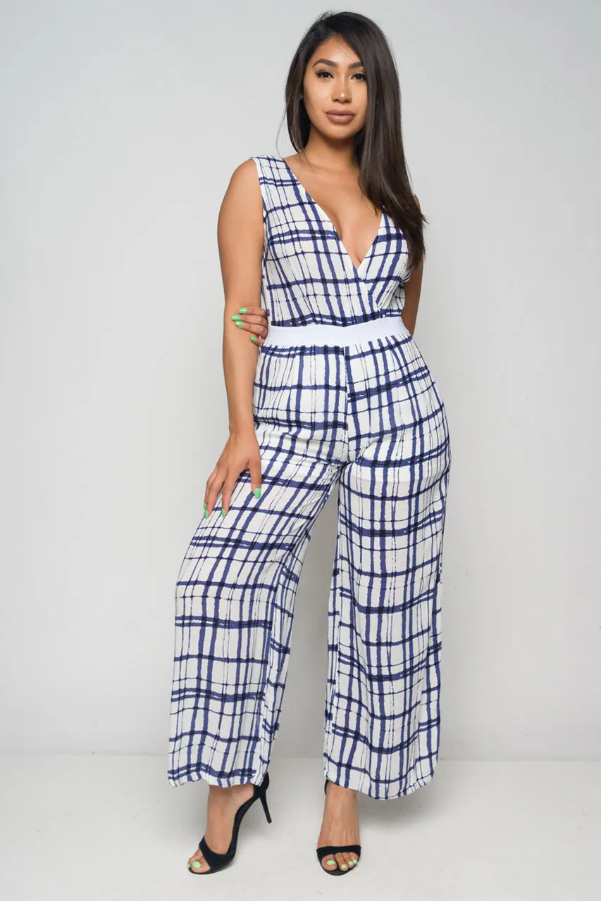 Blue and White Wide Leg Jumpsuit