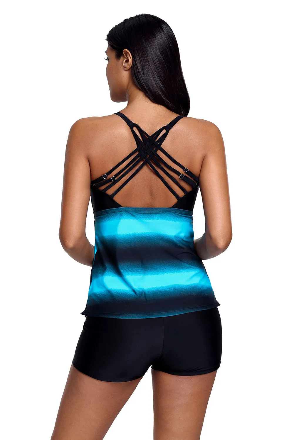 Blue Black Color Block Strappy Hollow-out Back Tankini