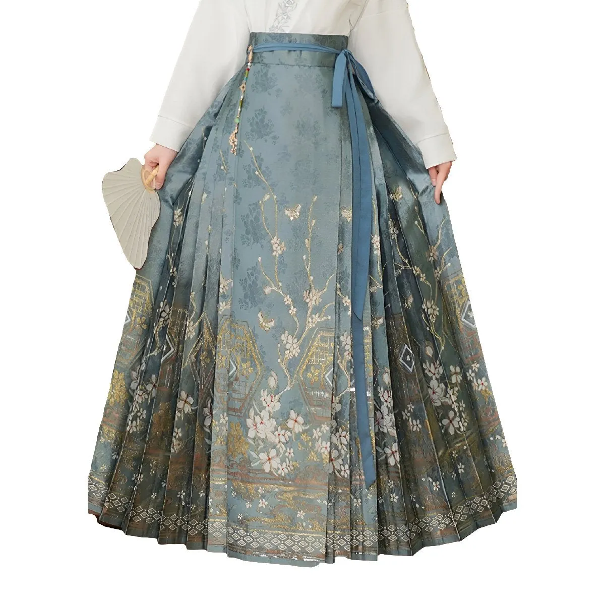 Blue Chinese Style Set with Embroidered Horseface Skirt