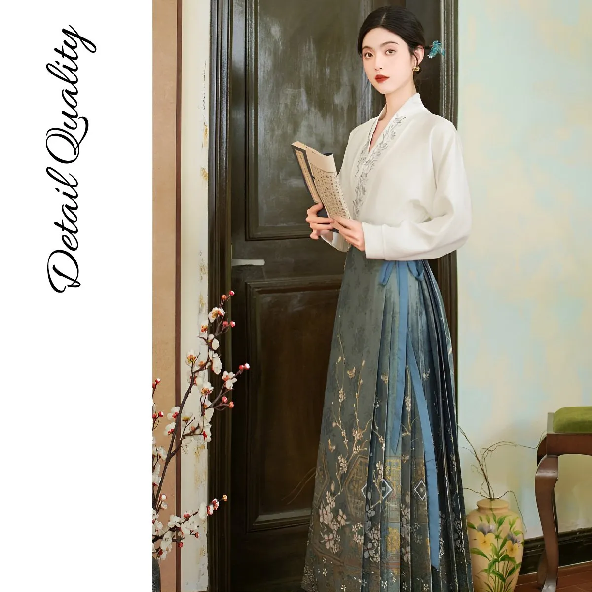 Blue Chinese Style Set with Embroidered Horseface Skirt