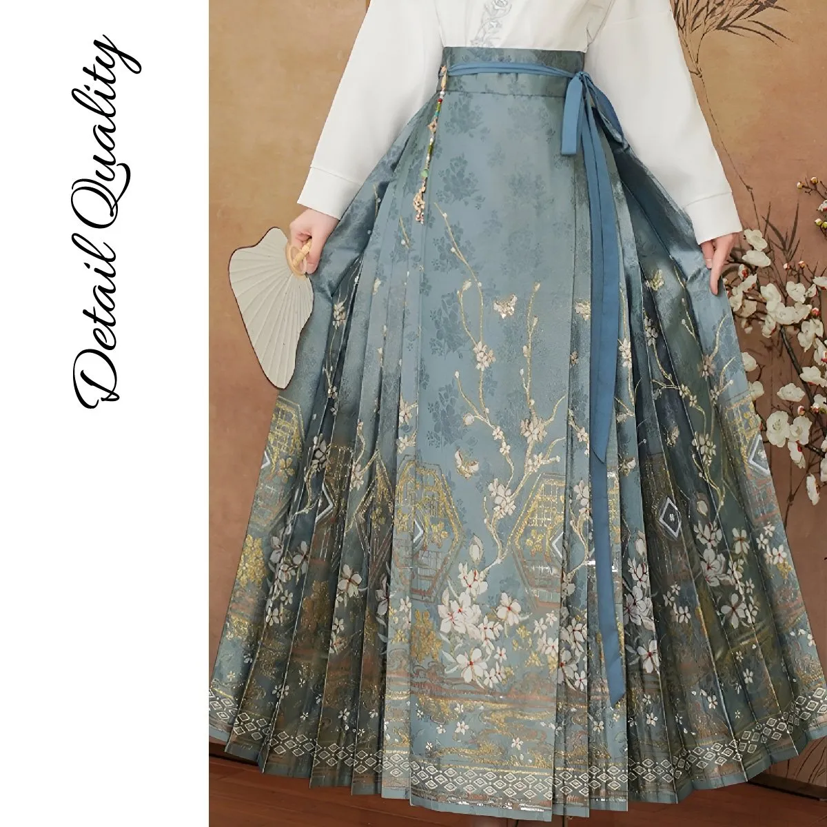 Blue Chinese Style Set with Embroidered Horseface Skirt