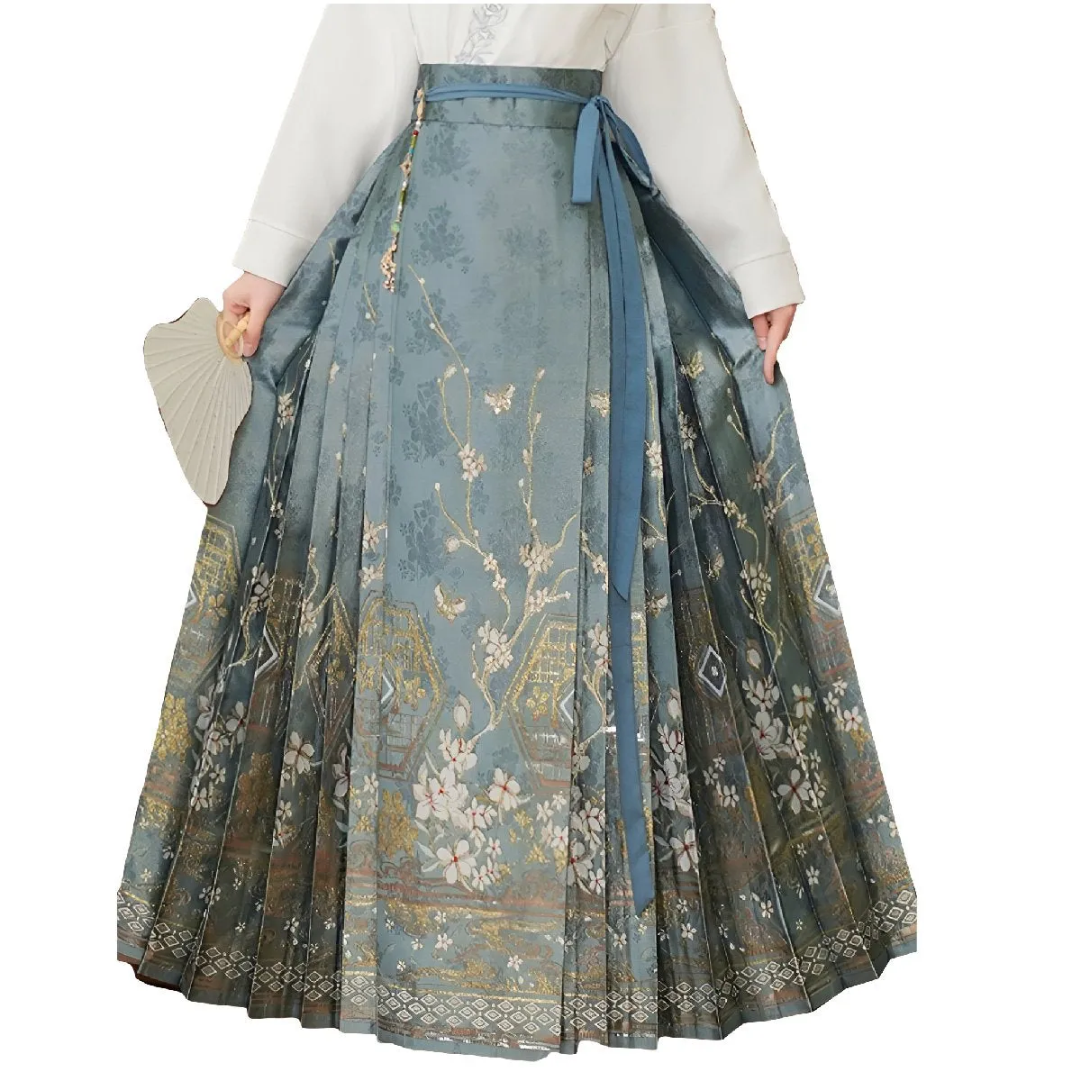 Blue Chinese Style Set with Embroidered Horseface Skirt